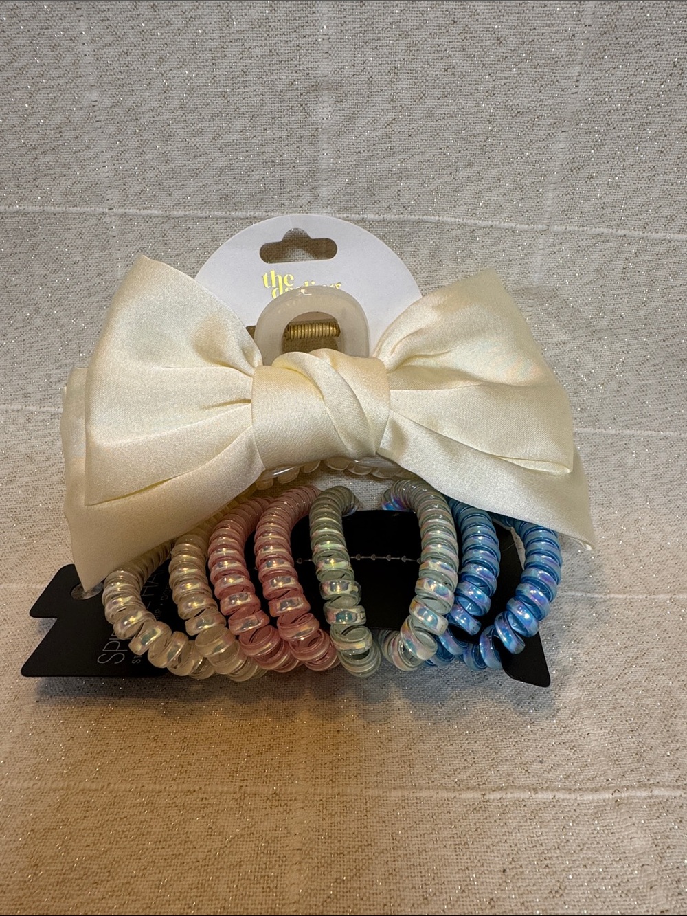 The Accessory Club Cream Satin Bow with 8 Pack Pastel Spiral Hair Ties